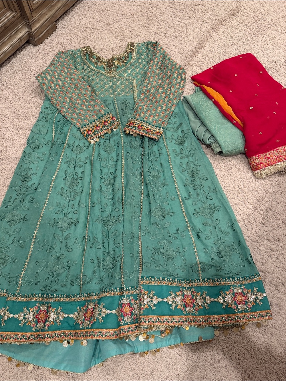 Salwar Kameez Teal Outfit with Gold and Coral Embroidery